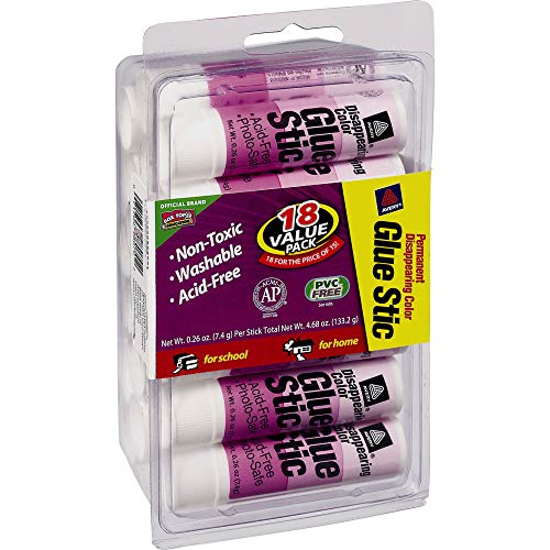 Avery Glue Stic Disappearing Purple Color, 0.26 oz., Washable, Nontoxic, Permanent Adhesive, 18 Glue Sticks (98079)