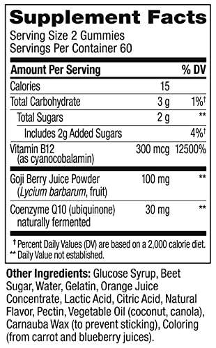 OLLY Daily Energy Gummy, Caffeine Free, Vitamin B12, CoQ10, Goji Berry, Adult Chewable Supplement, Tropical Flavor - 120 Count Pouch