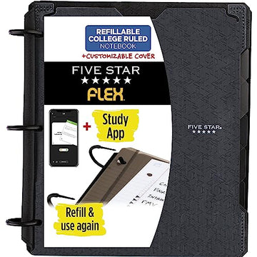 Five Star Flex Refillable Notebook + Study App, College Ruled Paper, 1 Inch TechLock Rings, Pockets, Tabs and Dividers, 200 Sheet Capacity, Customizable Cover, Black (29326AA2)