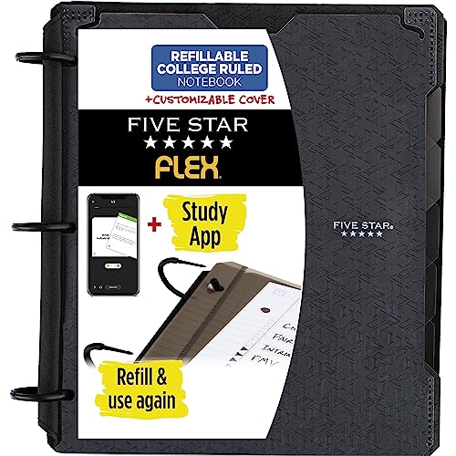 Five Star Flex Refillable Notebook + Study App, College Ruled Paper, 1 Inch TechLock Rings, Pockets, Tabs and Dividers, 200 Sheet Capacity, Customizable Cover, Black (29326AA2)