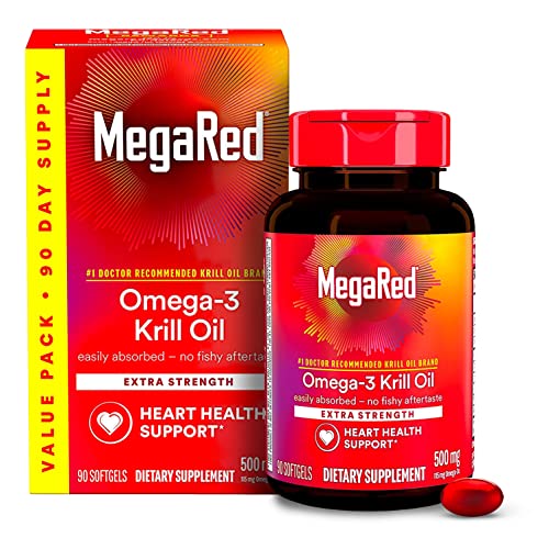 Antarctic Krill Oil 500mg Omega 3 Fatty Acid Supplement, MegaRed Extra Strength EPA & DHA Softgels (90cnt box), Antioxidant Astaxanthin, Heart Health Supplement With No Fish Oil Aftertaste