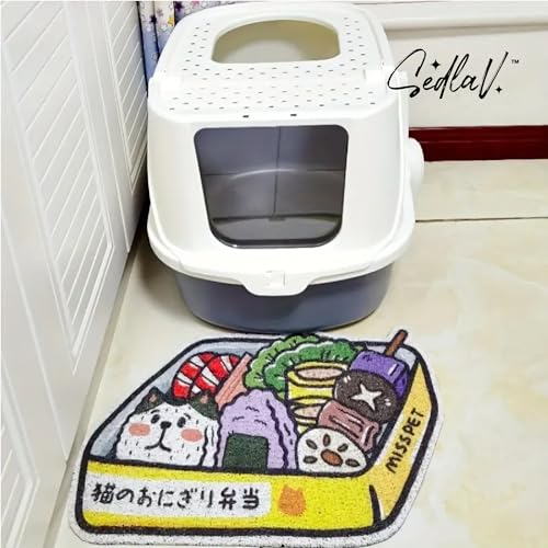 SEDLAV Cute Cartoon Cat Litter Mat - Waterproof, Non-Slip Litter Tray Mat with Superior Mesh to Capture Litter - Size - 50cm x 35cm - Perfect for Litter Box, as Pet Feeding Placemat, or Doormat