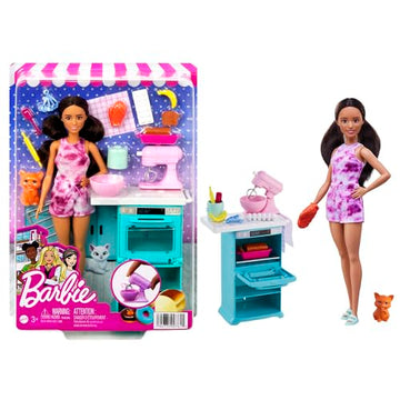 Barbie Doll & Kitchen Playset with Barbie doll (~10.5 in Brunette, Petite), Oven, Spinning Mixer, Pet Kitten & Baking Accessories, For 3 to 7 Year Olds