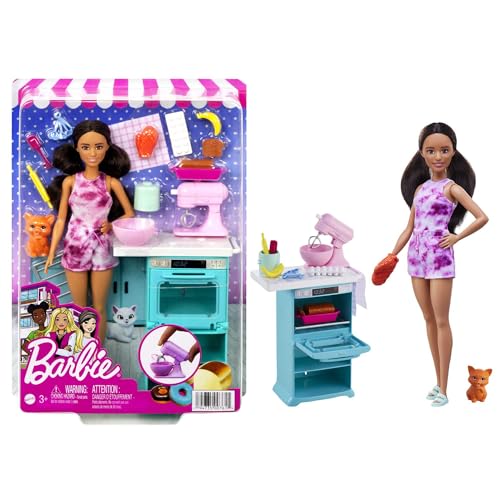 Barbie Doll & Kitchen Playset with Barbie doll (~10.5 in Brunette, Petite), Oven, Spinning Mixer, Pet Kitten & Baking Accessories, For 3 to 7 Year Olds