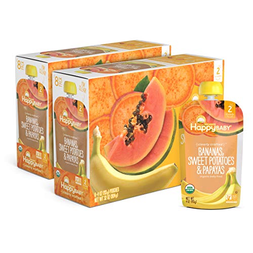 Happy Baby Organic Clearly Crafted Stage 2 Baby Food Bananas, Sweet Potatoes & Papayas, 4 Pouch (Pack of 16), Banana Sweet Potato Yellow Papaya, 64 Oz