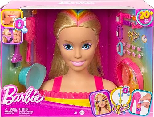 Barbie Doll Deluxe Styling Head with Color Reveal Accessories and Straight Blonde Neon Rainbow Hair, Doll Head for Hair Styling