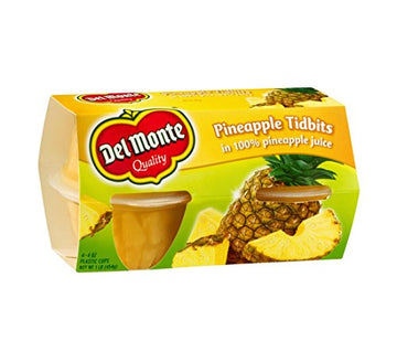 Del Monte Pineapple Tidbits in 100% Pineapple Juice 4 - 4 oz cups (Pack of 6)