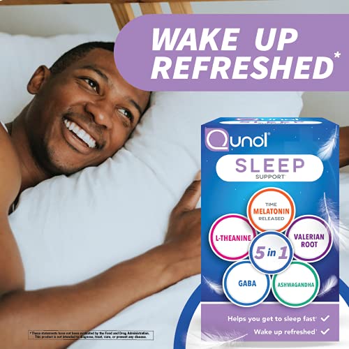 Qunol Sleep Support, 5-in-1 Sleep Aid, with time-released Melatonin, Ashwagandha, GABA, Valerian Root, L-Theanine, capsules, 30 ct