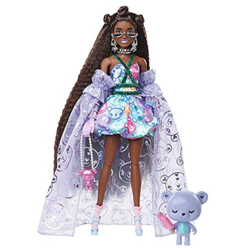 Barbie Extra Fancy Doll in Teddy-Print Gown with Sheer Train, Teddy Bear Pet, Extra-Long Hair & Accessories, Flexible Joints, Toy for 3 Year Olds & Up