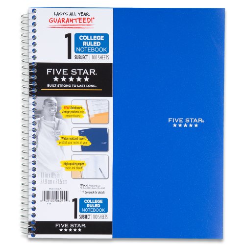 Five Star Spiral Notebook, 1-Subject, 100 College-Ruled Sheets, 11 x 8.5 Inch Sheet Size, Blue (72565)