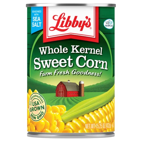 Libby's Whole Kernel Sweet Corn | Naturally Sweet Flavor | Golden Yellow | Just-Off-The-Cob Crispness | Seasoned with Sea Salt | Grown & Made in the USA | 15.25 oz cans (Pack of 12)