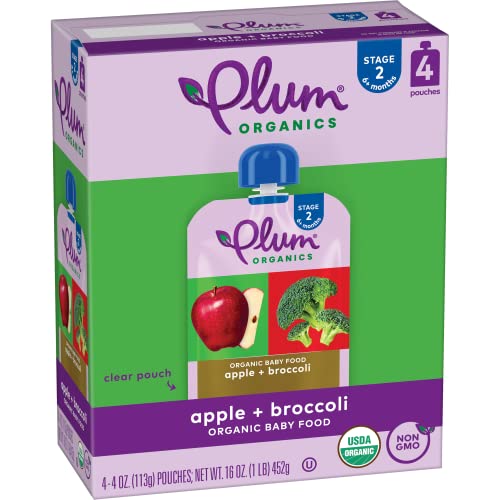 Plum Organics Stage 2 Organic Baby Food, Apple & Broccoli, 4 Ounce Pouch (Pack of 4) Packaging May Vary