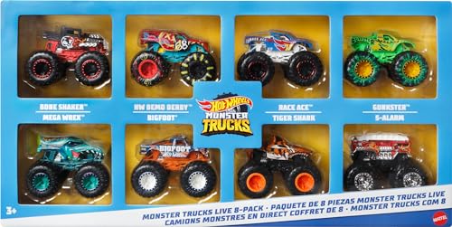 Hot Wheels Monster Trucks Live 8-Pack, Multipack of 1:64 Scale Toy Monster Trucks, Characters from The Live Show, Smashing & Crashing Trucks, Gift for Kids 3 Years Old & Up