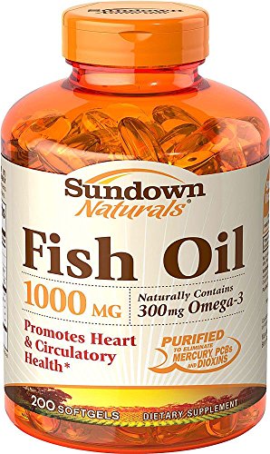 Sundown Naturals Fish Oil 1000 mg Softgels Omega 3 - 200 ct, Pack of 6