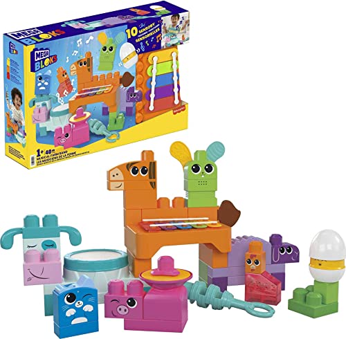 MEGA BLOKS Fisher Price Sensory Building Toys Playset, Musical Farm Band with 45 Toddler Blocks and 6 Music Sheets, Kids Age 1+ Years