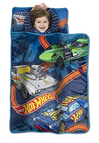 Hot Wheels Race Car Toddler Nap-Mat - Includes Pillow & Fleece Blanket – Great for Boys and Girls Napping at Daycare, Preschool, Or Kindergarten - Fits Sleeping Toddlers and Young Children