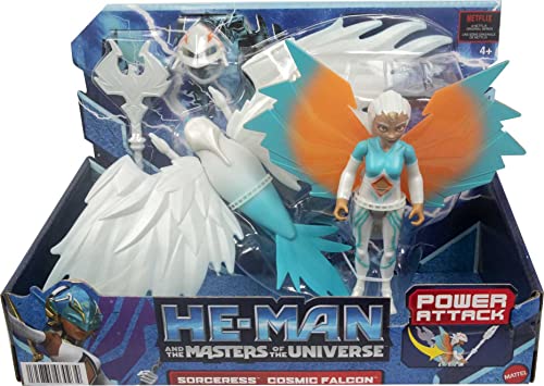 Masters of the Universe He-Man and The Sorceress Figure & Winged Falcon Vehicle Set Inspired by Motu Netflix Animated Series, Collectible Toy Gift for Ages 4 Years & Older