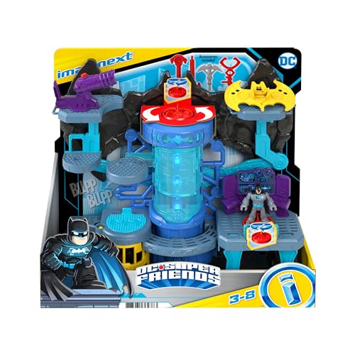 Fisher-Price DC Super Friends Imaginext Batman Figure and Bat-Tech Batcave Playset with Lights & Sounds for Preschool Pretend Play,6 Play Pieces