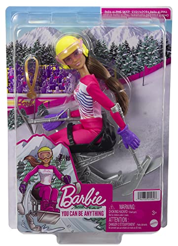 Barbie Winter Sports para Alpine Skier Brunette Doll (12 in) with Shirt, Pants, Helmet, Gloves, Pole, Sit Ski & Trophy, Great Gift for Ages 3 and Up