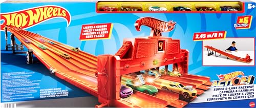 Hot Wheels Toy Car Track Set Super 6-Lane Raceway, 8ft Track that Folds Up for Storage with 6 1:64 Scale Cars