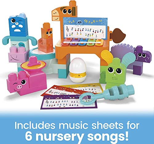 MEGA BLOKS Fisher Price Sensory Building Toys Playset, Musical Farm Band with 45 Toddler Blocks and 6 Music Sheets, Kids Age 1+ Years