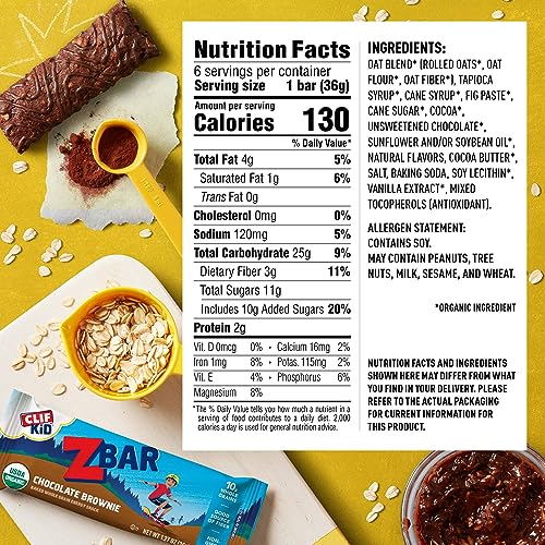 CLIF Kid Zbar - Chocolate Brownie - Soft Baked Whole Grain Snack Bars - USDA Organic - Non-GMO - Plant-Based - 1.27 oz. (6 Pack)