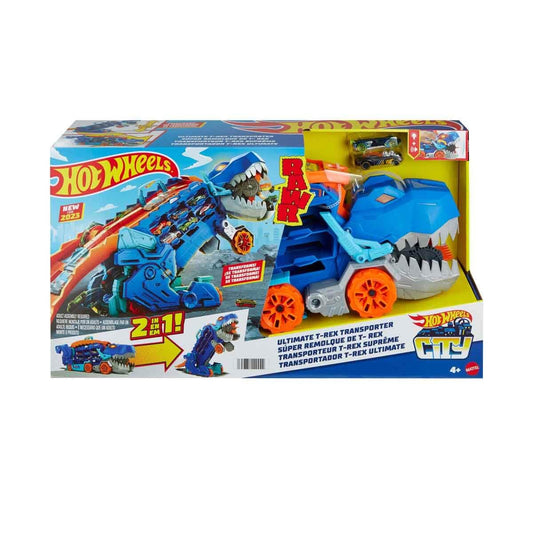 Hot Wheels City Ultimate Hauler, Transforms into Stomping T-Rex with Race Track, Lights and Sounds, Toy Storage for 20+ 1:64 Scale Cars