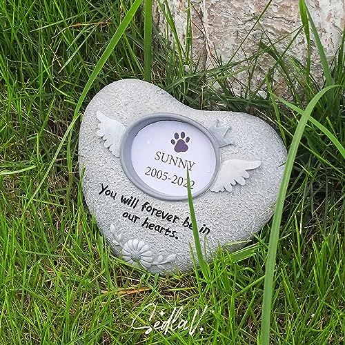 SEDLAV Heart-Shaped Pet Memorial Stone with Angel Wings and Sunflower Design - Forever in My Heart Inscribed Headstone for Graves - Deep Grey Pet Stones Memorial for Dogs and Cats