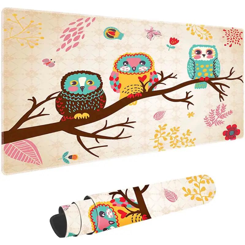 SEDLAV XXL Mouse Pad - The Owl On A Branch, Large 31.5x15.7 Inch Desk Pad for Home Office Gaming, Grip Enhancing Base, Stitched Edges, Keyboard and Mouse Desktop Pad