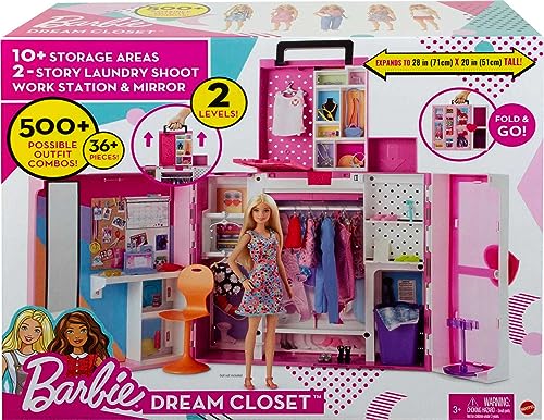 Barbie Closet Playset with 35+ Accesories, 5 Complete Looks, Pop-Up 2nd Level, Full Length Mirror, Laundry Chute, Dream Closet