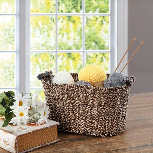 Mainstays Brown Oval 2-Hue Seagrass Storage Basket with Wooden Handles 14.37