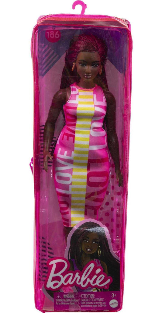 Barbie Fashionistas Doll #186, Curvy, Crimson Braids, Sleeveless Love Dress, Hoop Earrings, Toy for Kids 3 to 8 Years Old