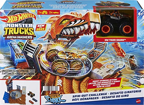 Hot Wheels Monster Trucks Arena Smashers Tiger Shark Spin-Out Challenge with a 1:64 Scale Tiger Shark and 2 Crushable Cars, HNB93