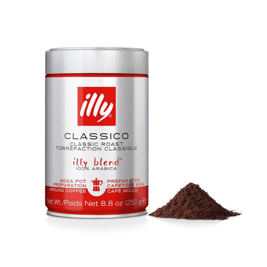 illy Ground Coffee Moka - 100% Arabica Coffee Ground - Rich Aromatic Coffee Grounds – Classico Medium Roast - Notes of Caramel, Orange Blossom & Jasmine - No Preservatives – 8.8 Ounce, 12 Pack