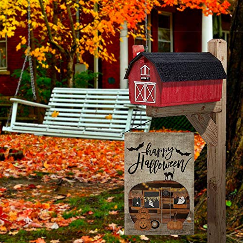 AVOIN Happy Halloween Camper Trailer Pumpkin Garden Flag Vertical Double Sized, Black Cat Ghost Bat Yard Outdoor Decoration 12.5 x 18 Inch