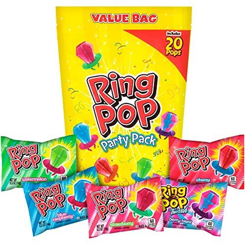 Ring Pop 20 Count Valentine’s Candy Lollipop Variety Party Pack - Bulk Lollipops w/ Assorted Fruity Flavors Individually Wrapped Suckers - Candy for Valentine’s Goodie Bags & Party Favors for Kids