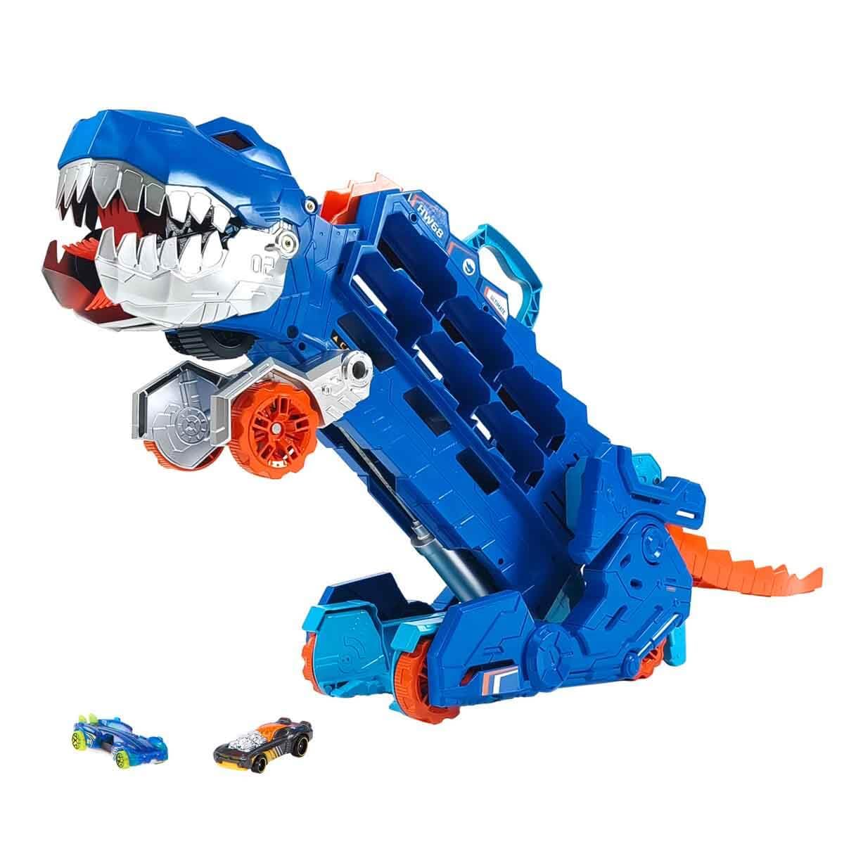 Hot Wheels City Ultimate Hauler, Transforms into Stomping T-Rex with Race Track, Lights and Sounds, Toy Storage for 20+ 1:64 Scale Cars