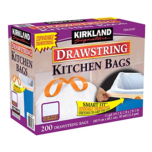 Kirkland Signature Drawstring Kitchen Trash Bags - 13 Gallon, 200 Count (2 Pack)
