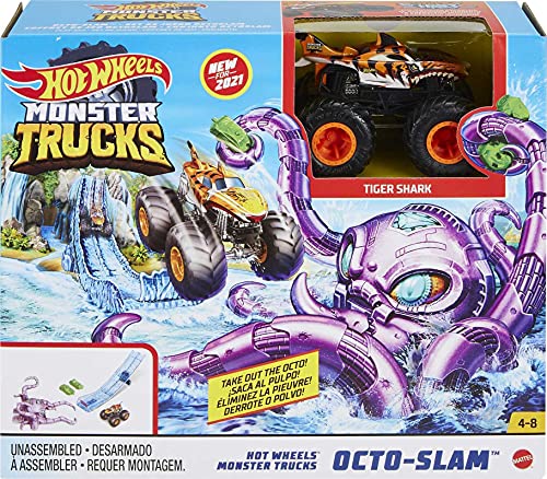 Hot Wheels Monster Trucks Octo-Slam Hero Playset with 1:64 Scale Die-cast Tiger Shark Vehicle, 2 Crushable Cars & Launcher, Gift for Kids Ages 3 to 8 Years Old