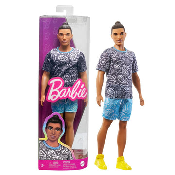 Barbie Ken Doll, Kids Toys, Fashionistas, Brown Hair in Bun, Paisley Tee and Shorts, Clothes and Accessories