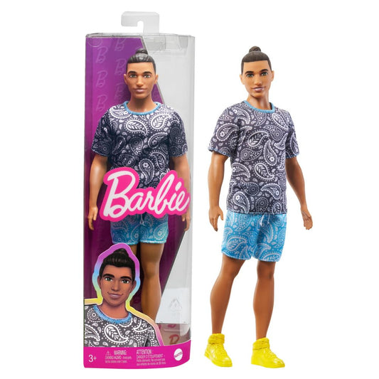 Barbie Ken Doll, Kids Toys, Fashionistas, Brown Hair in Bun, Paisley Tee and Shorts, Clothes and Accessories