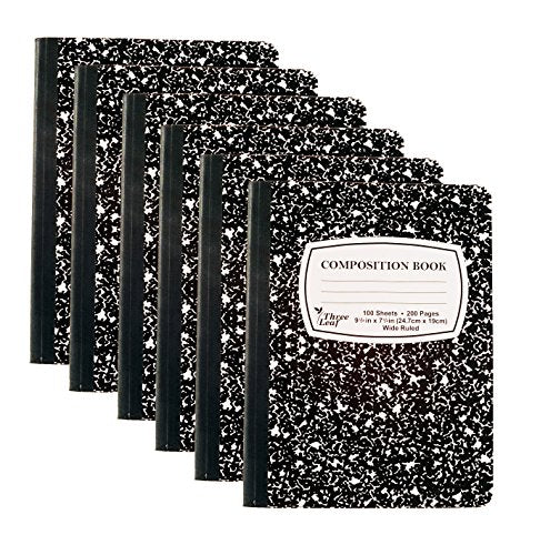 Pack of 6 - Composition Notebooks, 9-3/4" x 7-1/2", Wide Ruled, 100 Sheet (200 Pages), Color: Black Marble, Weekly Class Schedule and Multiplication/Conversion Tables on Covers. (6-Pack, Black)