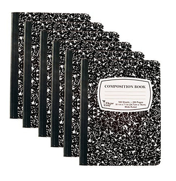 Pack of 6 - Composition Notebooks, 9-3/4" x 7-1/2", Wide Ruled, 100 Sheet (200 Pages), Color: Black Marble, Weekly Class Schedule and Multiplication/Conversion Tables on Covers. (6-Pack, Black)