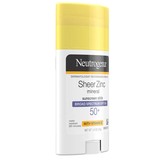 Neutrogena Sheer Zinc Oxide Mineral Sunscreen Stick with Vitamin E, Broad Spectrum SPF 50+ & UVA/UVB Protection, Water Resistant & Residue-Free Application, Paraben-Free, Dye-Free, 1.5 oz