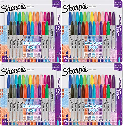 Sharpie Electro Pop Permanent Markers, Fine Point, Assorted Colors, 24 Count Pack of 4