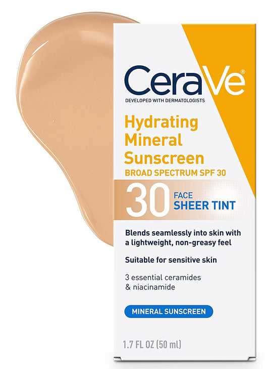 CeraVe Tinted Sunscreen with SPF 30 | Hydrating Mineral Sunscreen With Zinc Oxide & Titanium Dioxide | Sheer Tint for Healthy Glow | 1.7 Fluid Ounce