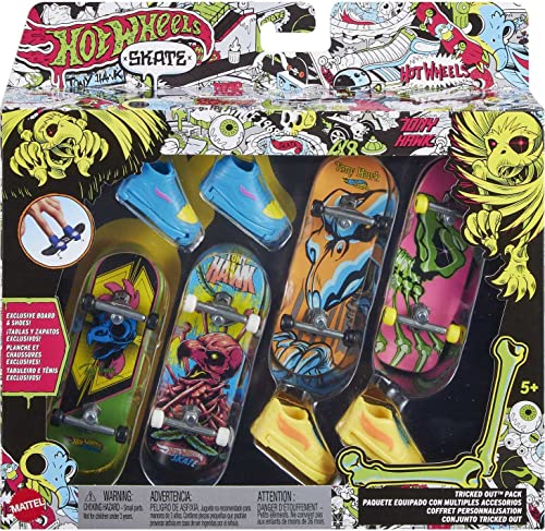 Hot Wheels Skate Neon Bones Tony Hawk-Themed Fingerboard and Shoes, Finger Skateboard and Removable Skate Shoes Designed in Collaboration with Tony Hawk