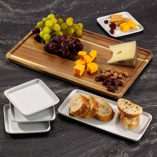 6 Piece White Porcelain Grazing Board with Acacia Wood