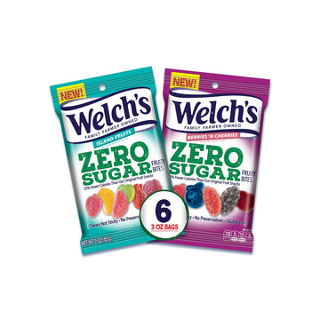 Welch’s Zero Sugar Fruity Bites, Variety Fruit Snacks Pack with Berries 'N Cherries & Island Fruit, Gluten Free, 3 oz (Pack of 6)