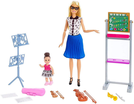 Barbie Music Teacher Doll, Blonde, and Playset with Flipping Chalkboard, Brunette Student Small Doll and 4 Musical Instruments, Career-Themed Toy for 3 to 7 Year Old Kids